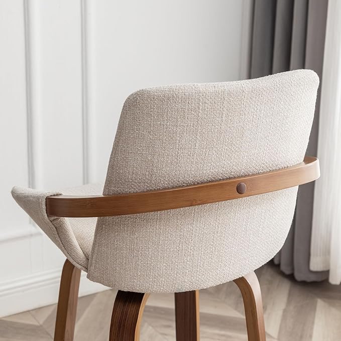 LUNLING 25.6" Counter Height Barstools Set of 3 Mid Century Modern Retro Bar Chairs Charcoal Beige Linen Look Fabric Upholstered and Walnut Wood Frame for Home Bar Furniture,Beige,3PCS