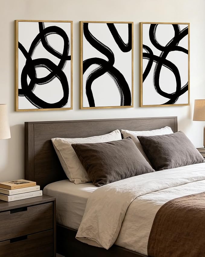 KUVIOKE Black and White Abstract Framed Wall Art Ink Wash Minimalist Lines Painting Artwork for Bedroom Hallway 24x36in (Natural Framed)