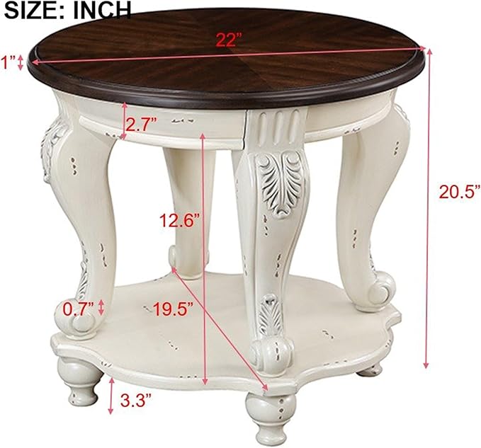 JIJIWANG Retro Oval End Table with Buttom Shelf for Small Space Solid Wood Round Sofa Table with Antique Carved Legs, Beige