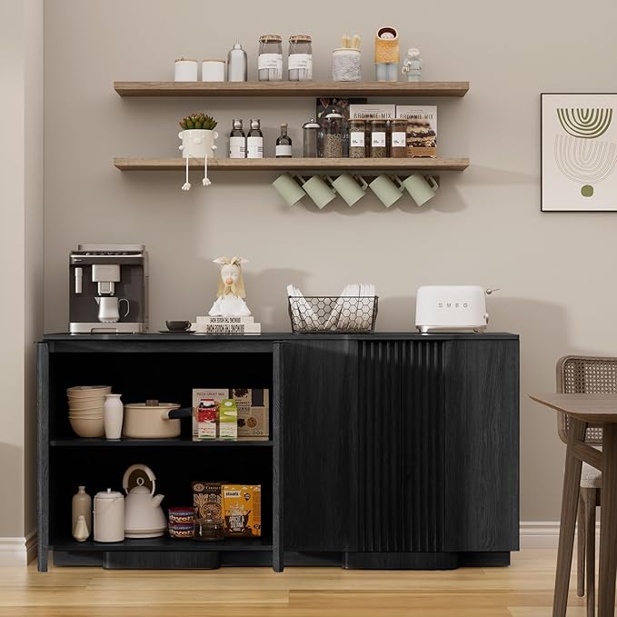 Yechen Buffet Cabinet with Storage, 31.5" Accent Sideboard Modern Credenza with Doors & Adjustable Shelves Fluted Media Console Wood Coffee Bar Table for Living Kitchen Dining Room,Black (2 Door)