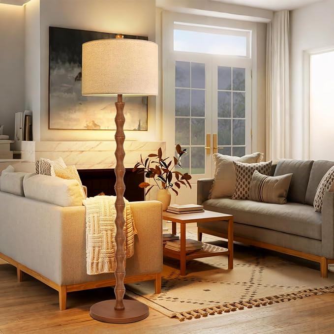 Vintage Floor Lamp for Living Room,Bedroom,Farmhouse Mid Century Standing Lamp with Remote,Dimmable Rustic Industrial Wood Tall Lamp Retro Floor Light Boho Bohemian