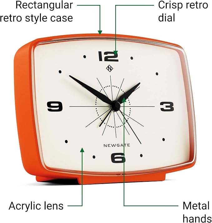 NEWGATE® Brooklyn Alarm Clock | Rectangular Retro Design | Pumpkin Orange | Ideal for Bedside, Desk, Shelf & Mantel | Mid-Century Retro Bedroom & Office Accessory