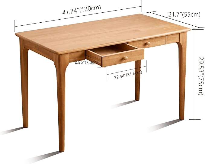 47" Solid Wood Desk with Drawers,Mid Century Modern Natural Real Wood Writing Desk,Home Bedroom Computer Office Workstation Desks,Small Spaces,Wood Color