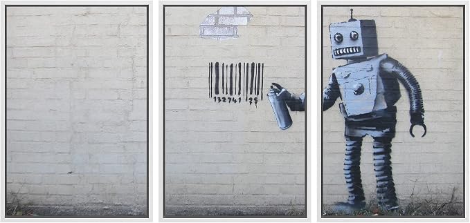 wall26 - Robot Graffiti Banksy Street - Framed Canvas Art Wall Art - 16"x24"x3 White