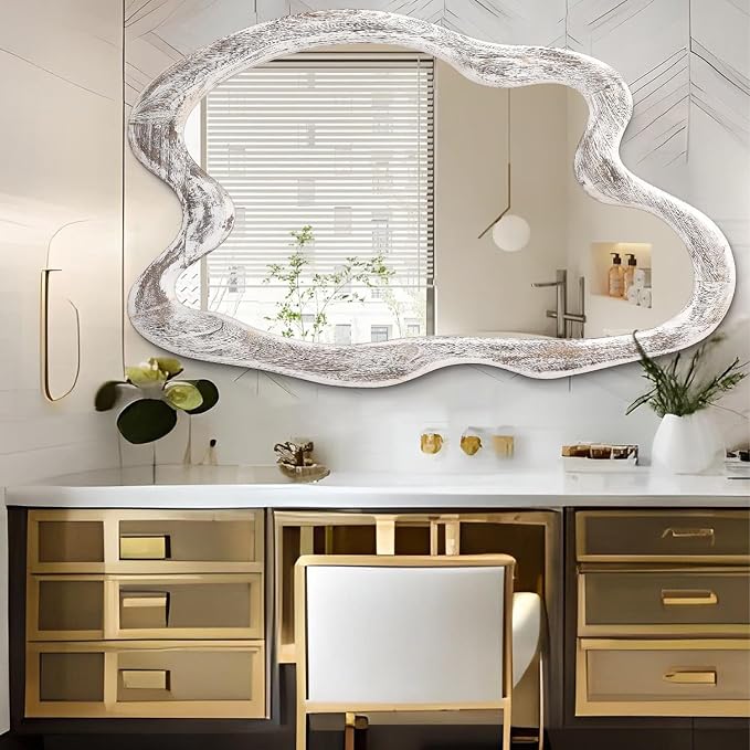 AAZZKANG Irregular Wooden Wall Mirror 32"x24" Large Asymmetrical Mirror Decorative Vintage Irregular Mirror for Bedroom Living Room Entryway