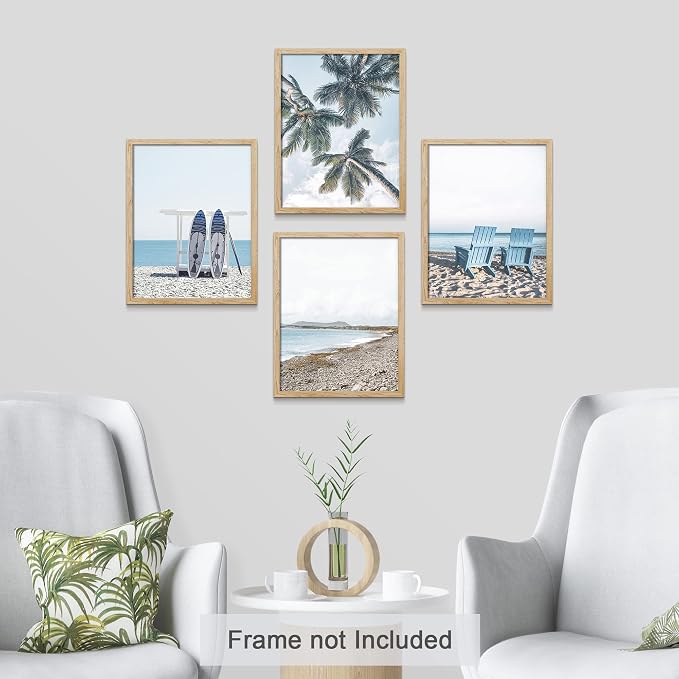 SIGNWIN Poster Bathroom Decor, Wall Art Room Decor Multicolor for Living Room, Bedroom, Office White Surfboard Tropical Palm Tree Beach Shore Nature Wilderness Realism Landscape Colorful - 12"x16"x4