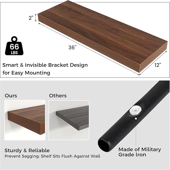 Floating Shelves for Wall, 36" W x 12" D x 2" H, 2 Pack of Long Wall Mounted Engineered Wood Shelves with Invisible Brackets for Living Room, Bedroom, Bathroom, Kitchen Decor, Walnut