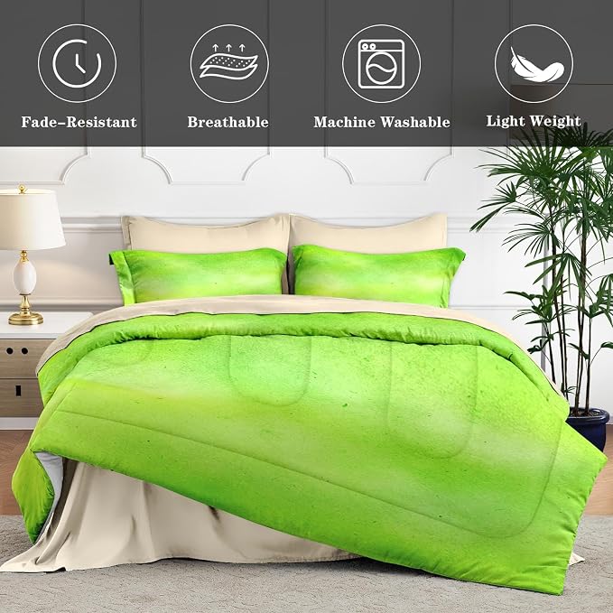 5Pcs Comforter Set Twin Size, Modern Lime Green Lemon, Bedding Decor Watercolor Pastel Dye Stained Abstract Bedroom Bed Set with Flat Sheet Fitted Sheet Pillowcases Shams for Kids and Adults