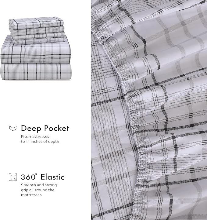 RUVANTI 100% Cotton Percale Sheets California King Size 6 Piece Set, Cooling Bed Sheets for Hot Sleepers, Deep Pocket 14”, Breathable Lightweight & Durable, Crisp Hotel Style Sheets, Open Check