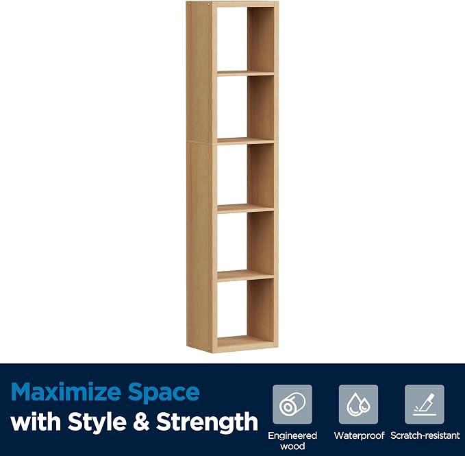 5 Cube Storage Organizer Single Row, Cube Shelf with Heavy-Duty Thick Boards, 13.31"L x 9.37"W x 60.55"H, Smooth Easy-Clean Panels, Simple Assembly, for Living Room Bedroom Office, Natural-Oak