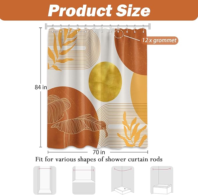 Orange and Gold Shower Curtain Burnt Orange White Shower Curtains for Bathroom Decor Boho Mid Century Bath Curtain Set, Waterproof Fabric with Hooks 70 x 84Inch