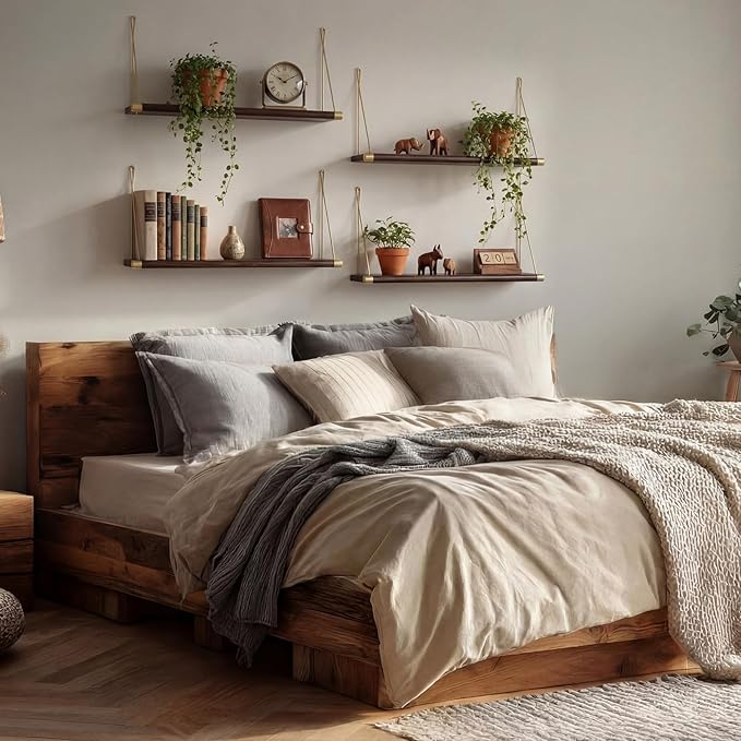 Pinkunn 4pcs Mid Century Modern Decor Walnut Floating Shelves for Wall Mounted Storage Shelves Solid Wood Rustic Decorative Shelving Living Room Bedroom Coffee Bar Bathroom Display Plant Photo