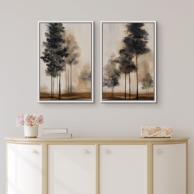 IDEA4WALL Framed Canvas Print Wall Art Set Misty Forest Tree Landscape Neutral Brown and Black Illustrations Modern Art Decorative Calm/Zen for Living Room, Bedroom, Office - 16"x24"x2 White
