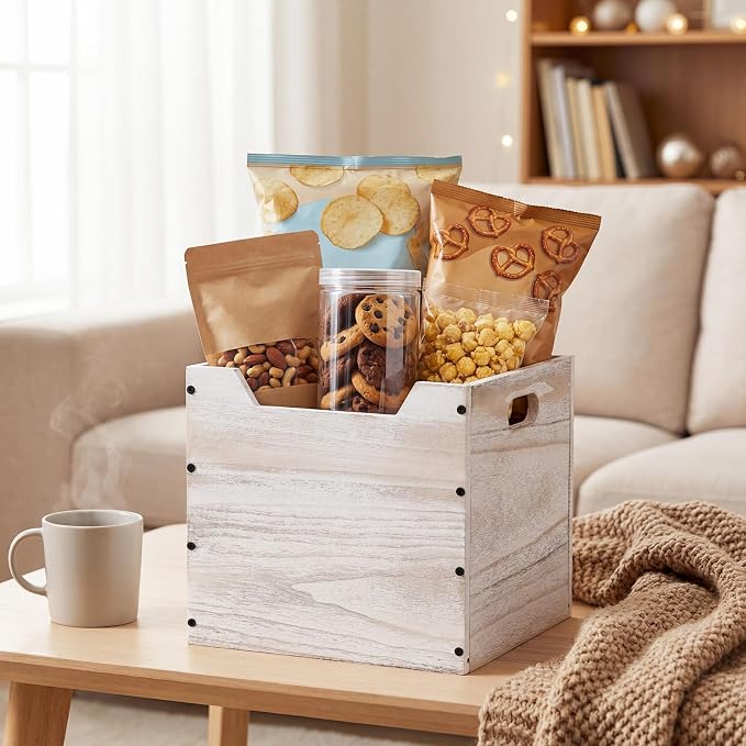 Colingmill 2 Pack Wooden Storage Box Bins Wood Crate with Open Front Stackable Cube Storage Organizer Bins for Books Records Home Pantry Clothes Toy Closet (11 Inch,White)