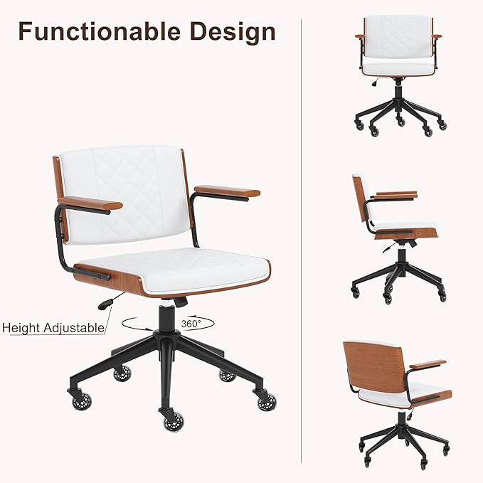 Ergonomic Office Chair with Rubber Wheels & Walnut Arms - PU Leather Mid-Back Desk Chair, Adjustable Height, Bentwood Backrest | Swivel Rocking Design for Home Office, Meeting Room, Study