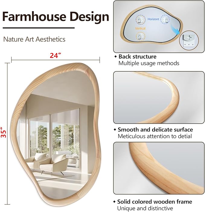 Irregular Wall Mirror with Wood Frame, 35" x 24" Natural Wood Asymmetrical Mirror, Decorative Mirrors for Bedroom Living Room Entryway Hallway Cloakroom, Shatterproof, Horizontal/Vertical