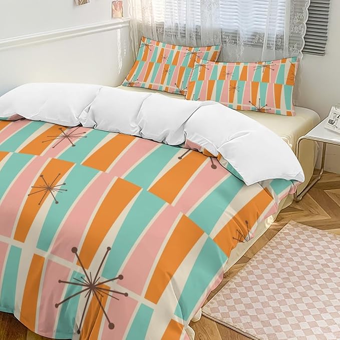 Modern Mid Century Duvet Cover Queen Retro Atomic Bedding Set, Rainbow Grid Comforter Cover Vintage Fifties 1950s Bed Set，Abstract Art Bedding 3 Piece (1 Duvet Cover 79"x90" + 2 Pillow Sham 20"x30")