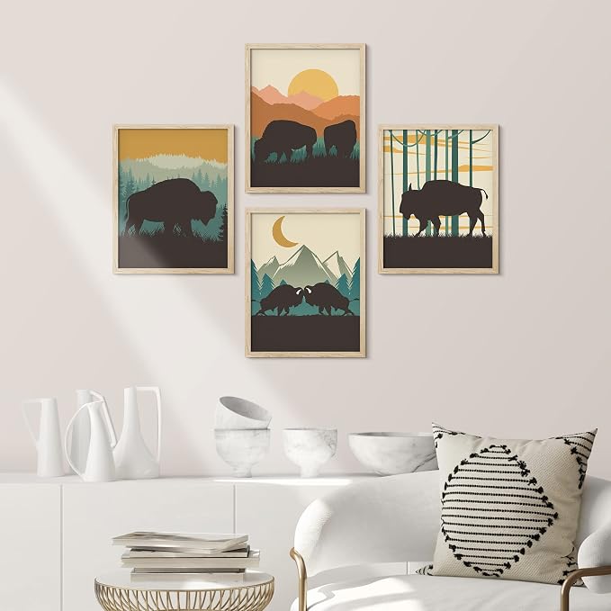 SIGNWIN Framed Country Farmhouse Vibrant Bison Wall Art, Set of 4 Silhouette Animals Wall Decor Prints, Wilderness Nature Wall Décor for Living Room, Bedroom - 11"x14" Natural