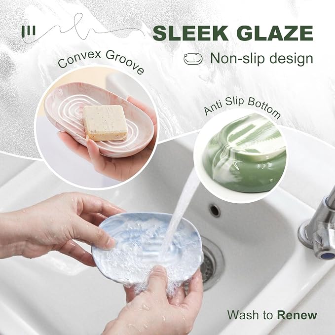 Elegant Ceramic Soap Dish for Shower with Unique Marble Texture, Decorative Bar Soap Holder for Bathroom & Kitchen, Easy Clean Versatile Cute Oval Soap Dishes for Soap Bars, Jewelry, Sponge