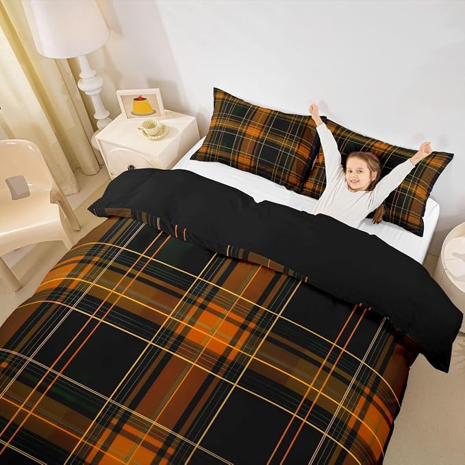 Erosebridal Orange Black Geometric Duvet Cover Queen Grid Checkered Bedding Set for Kids Teens Rustic Farmhouse Cabin Decor Bedspread Cover Retro Stripes Lines Bed Set with Zipper