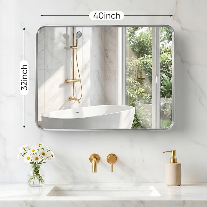 NEWBULIG 32X40 Inch Bathroom Mirror for Over Sink, Wall Vanity Mirrors Tempered Glass, Anti-Rust Metal Framed Rounded Rectangle, Hangs Horizontally or Vertically, Farmhouse Home Decor, Silvery