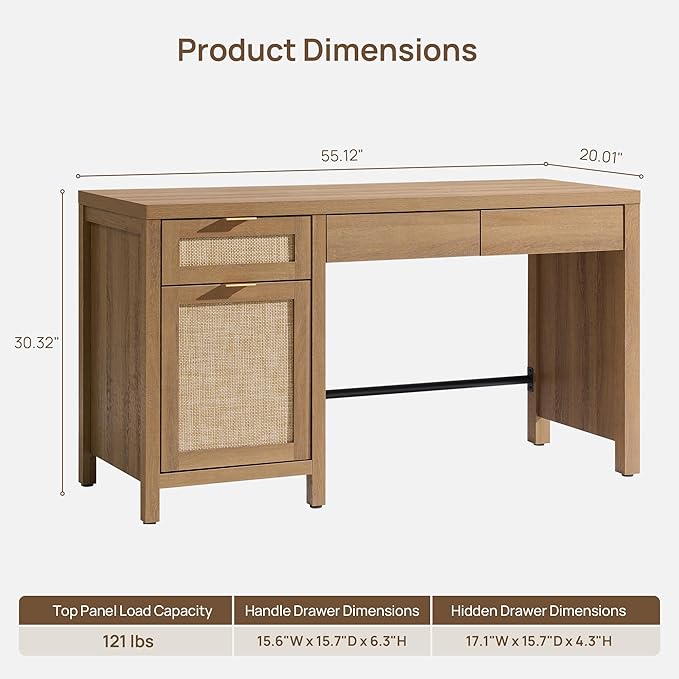 SICOTAS Office Computer Desk with 6 Drawers - Rattan Writing Desk with Storage Boho Wood Home Office Desks, Modern Executive Desk Study Table Vanity Desks for Bedroom, Living Room, Oak, 2PCS