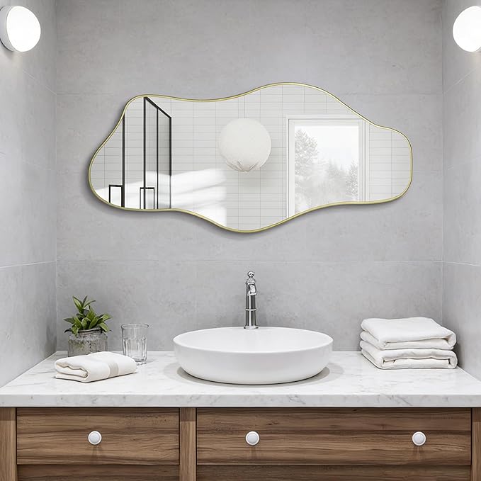 Gold Irregular Wall Mirror, 47.5"x24" Asymmetrical Tempered Glass Mirror Decorative, Modern Abstract Frameless Mirrors for Living Room Bathroom Bedroom Hallway Entryway, Horizontal or Vertical Hanging