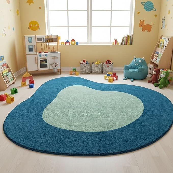 Modern Abstract Irregular Shaped Area Rug Navy Blue Mint Green Irregular Rug for Living Room Bedroom Nursery Ultra Soft Washable Thick Carpet Boho Playroom Apartment Stain Resistant Floor Mats 6ft