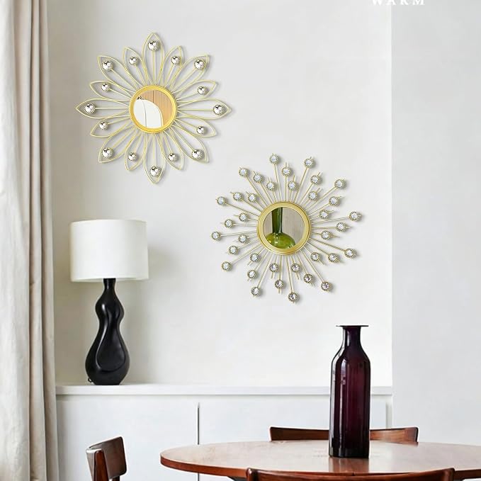 2 Pack Metal Mirrors for Wall Boho Sunburst Wall Mirror Home Decor Modern Decorative Wall Art for Bedroom Living Room Entryway