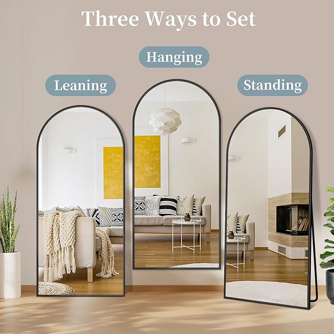 Full Length Mirror, 58"x21" Arched Full Body Mirror, Large Stand Up Aluminum Frame Floor Freestanding Hanging Leaning Mounted for Bedroom Living Room Entryway Black