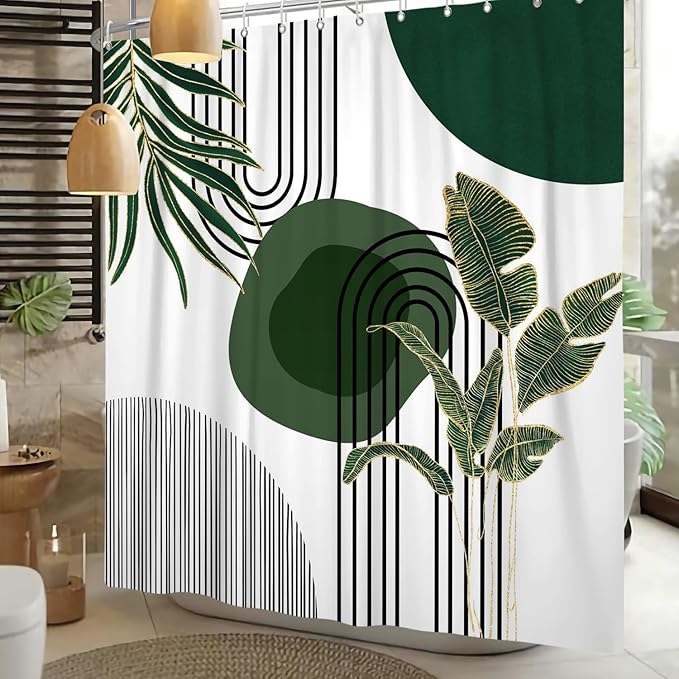 Mid Century Green Shower Curtain for Bathroom Boho Modern Abstract Plant Tropical Leaves Bathroom Curtain Set Geometric Arch Minimalist Waterproof Fabric Bath Decor 60x72 inch