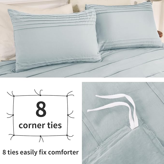 NEXHOME PRO 100% Washed Cotton Duvet Cover King Size, Pleated Textured Duvet Cover Set Azure Blue, 3 Pieces Bedding Set with Zipper Closure, Soft, Lightweight and Breathable (104"x90", No Comforter)