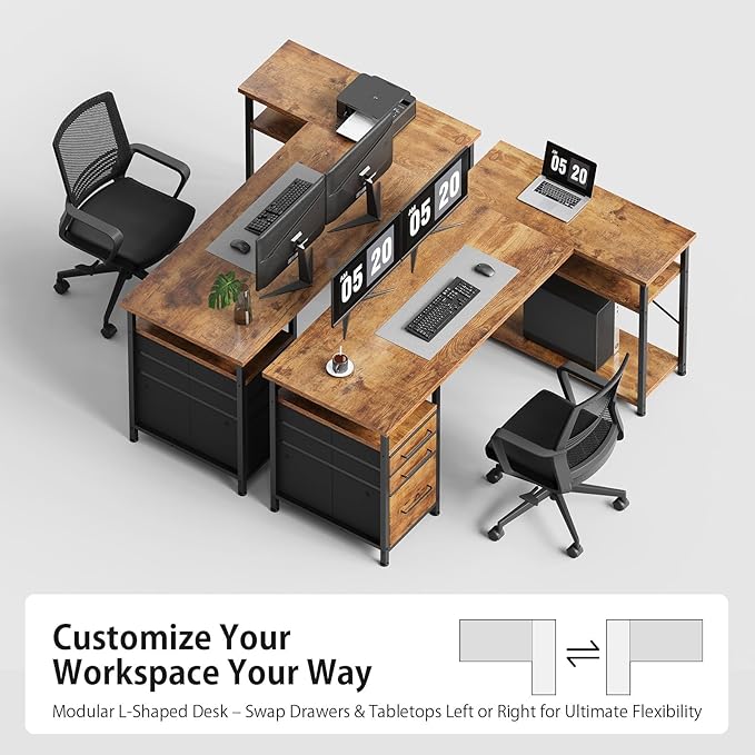 Maihail 55" Computer Desk with Drawers, Desks for Bedrooms, Writing Desk with Storage, Work Desk for Small Space, Rustic Brown