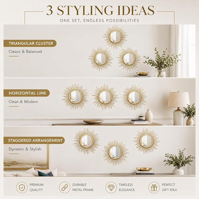 Gold Sunburst Mirror Set of 3, 3PCS Metal Round Decorative Wall Mirrors, Starburst Accent Mirror Wall Decor for Living Room, Bedroom, Entryway, Hallway & Bathroom