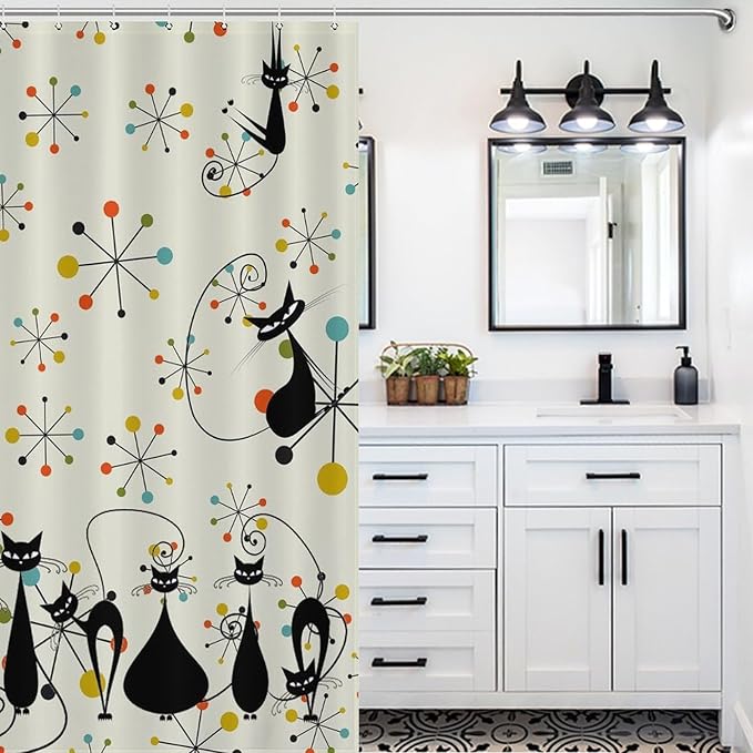 Mid Century Atomic Cat Shower Curtains, Atomic Abstract Geometric Cat Retro Pattern Waterproof Shower Curtains for Bathroom Decor 12 Pack Hooks 66x72in（168x183cm）