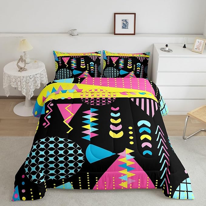 Manfei Memphis Comforter Set Full Size, Retro 80s 90s Fashion Style Bedding Set 3pcs for Kids Boys Girls, Colorful Geometric Abstract Quilt Set Soft Polyester Duvet Set with 2 Pillowcases