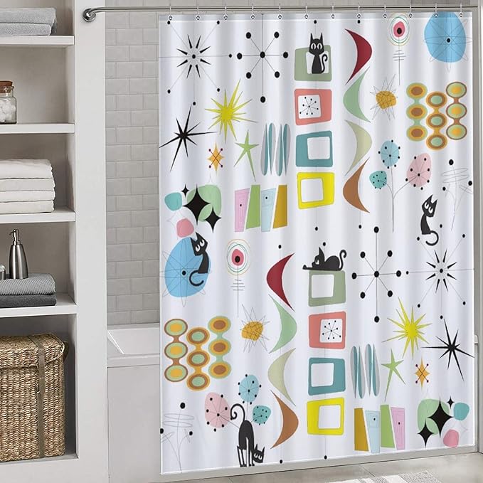 Mid Century Modern Shower Curtain for Bathroom, Rustic Black Cat Atomic Abstract Kittey Geometric Retro 1950s 1960s Waterproof Fabric Shower Curtain Set with Hooks, 72"x72"