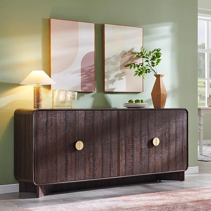 Modern Buffet Cabinet with Storage, 70" Large Sideboard Buffet Storage Cabinet with 4 Doors and Adjustable Shleves, Wooden Curved Coffee Bar for Dining Room, Kitchen, Living Room, Brown