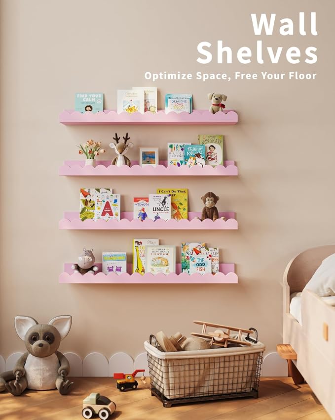 Shario Nursery Book Shelves, 4-Pack White Floating Shelves for Wall Kids, Scalloped Shelves, Wall Book Shelves for Bedroom Kids, Toddler Room, Baby Room, Nursery Decor(Pink, 23 Inches)