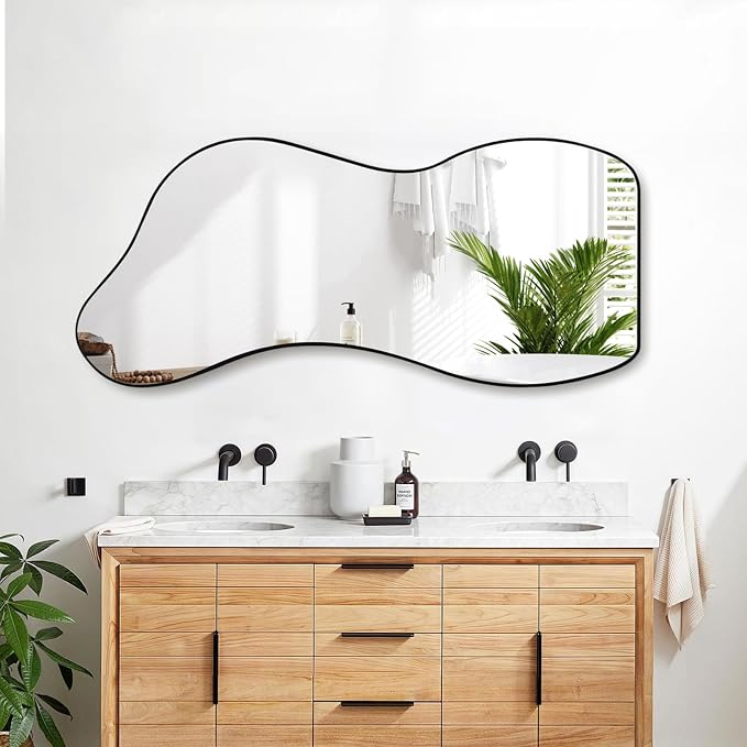 Large Irregular Wall Mirror 47.2"x22", Unique Shaped Black Asymmetrical Mirror, Modern Oblong Wavy Mirror for Living Room,Bathroom,Entryway,Dining Room