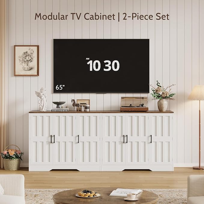 Modern Farmhouse Buffet Cabinet with Storage, 85" Large Sideboard Storage Cabinet with 6 Barn Doors, Coffee Liquor Bar Cabinet Wood Table Credenza with Adjustable Shelf for Kitchen Dining Living Room