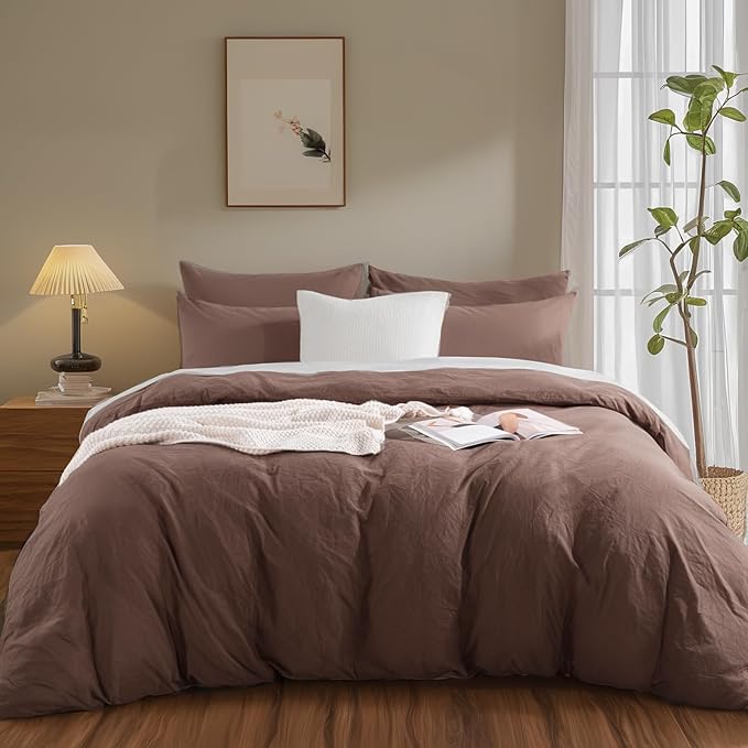NEXHOME PRO Cal King Duvet Cover Set – 100% Certified Organic Cotton with Washed Feel & Linen-Like Texture, Comfortable & Breathable, Home Bedding Set Dark Brown (No Comforter)