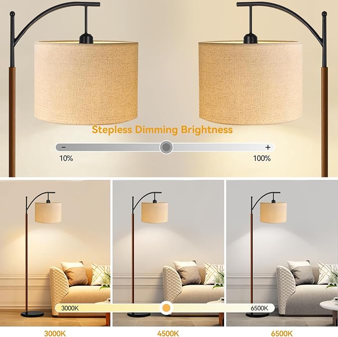 ILLMTW Arc Floor Lamp for Living Room,Bedroom,Vintage Mid Century Modern Standing Lamp with Remote Dimmable,Wood Boho Black Tall Lamp Fabric Lamp Shade Floor Lights Bohemian Tiffany Style