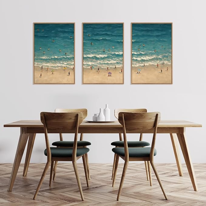 HLNIUC Summer Beach Canvas Wall Art,Modern Minimalist Coastal Landscape Wall Decor Set of 3(16”x24”) Blue Abstract Ocean Painting, Summer Swimming in the Sea Art Print for Living Room,Bathroom