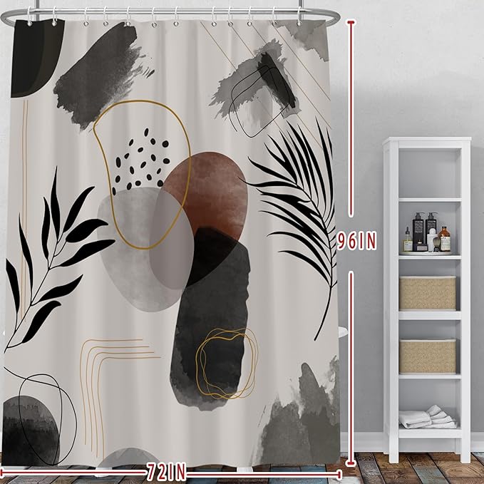 Baocicco Boho Shower Curtain Black Grey Plants Leaves Mid Century Modern Abstract Shower Curtains Decorative for Bathroom Waterproof Fabric Shower Curtain with Hooks 72x96 Inches