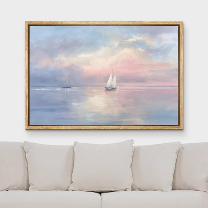 MUDECOR Framed Canvas Print Wall Art Pastel Sailboats on Calm Sea Horizon Illustrations Minimalism Decorative Bohemian Zen for Living Room, Bedroom, Office - 16"x24" NATURAL