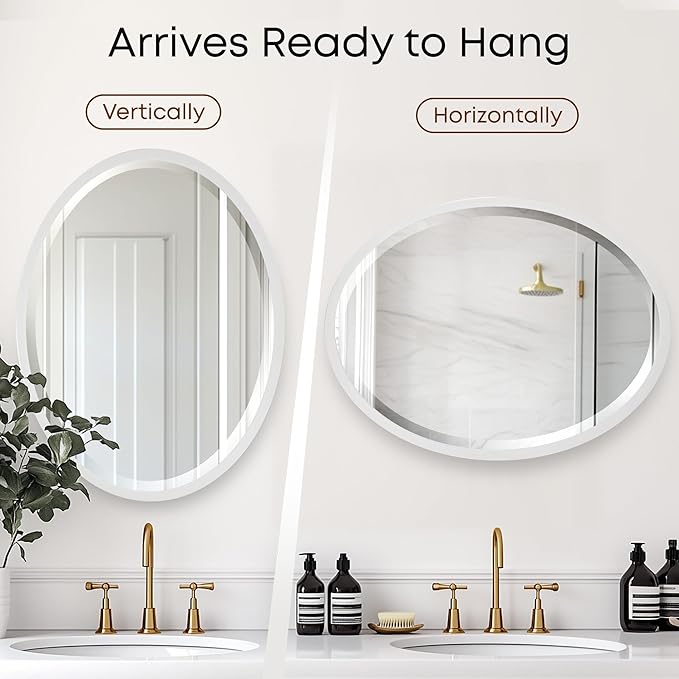 OVALCREST - Oval Wooden Beveled Wall Mirror for Home Decor, Bathroom, Vanity, Bedroom, Living Room, Hallway - London Style (Linen White) 17.1 x 13.1