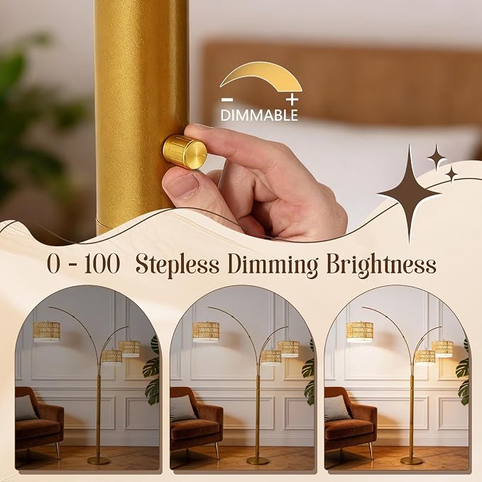 Gold Arc Floor Lamp for Living Room, Boho Floor Lamp with Stepless Dimmable Switch, Rattan Standing Lamp with Wicker&Fabric Shade, Mid Century Tall Lamp for Bedroom Over Couch Reading