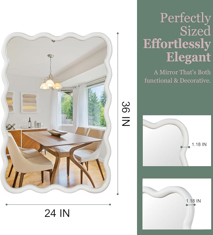 36x24 Inch Wooden Wavy Rectangle Wall Mirror, Modern Solid Wood Frame Decorative Accent Mirror for Bedroom, Bathroom, Living Room, Entryway, White