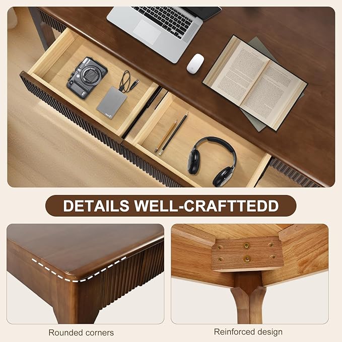 47.2'' Solid Wood Desk with 2 Drawers, Mid Century Modern Home Writing Office Wooden Desk ,Vintage Computer Table with Storage for Living Room, Bedroom, Fluted Design Brown (Walnut, 47.2 Inch)